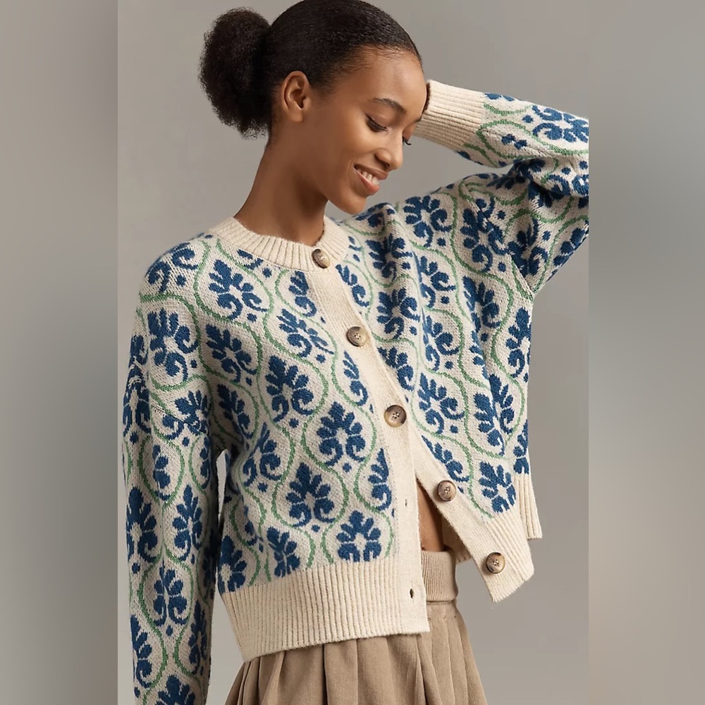 Anthropologie Maeve Floral Pop Graphic Intarsia Cardigan Sweater (Size L) - NWT